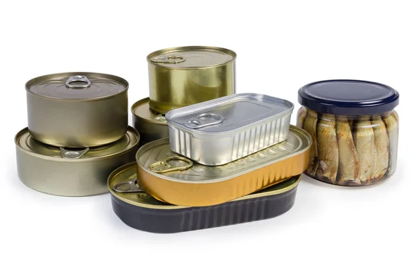 Canned fish in different sealed tin cans and glass jar — Stock Image Canned fish in different sealed tin cans and glass jar Stock Picture