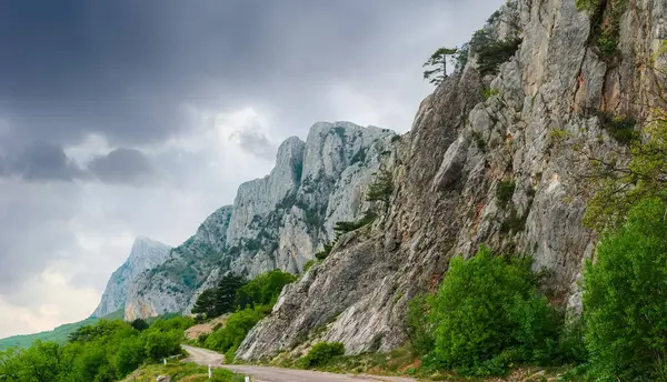 Vieja carretera serpenteante en el bosque cerca de los acantilados — Foto de Stock