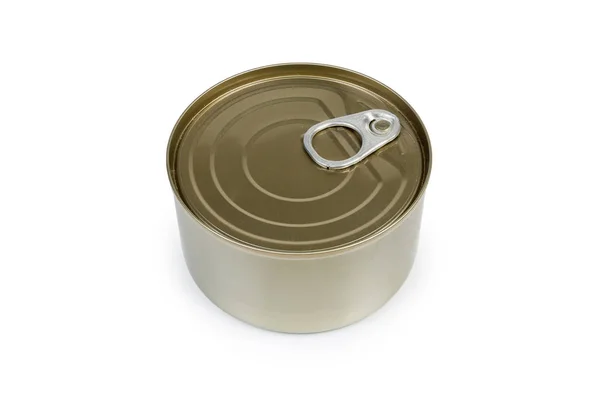 Sealed round tin can of canned fish on white background — Stock Photo, Image