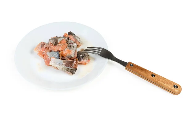 Salmón enlatado en su propio jugo en plato con tenedor — Foto de Stock