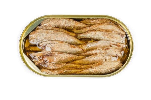 Top view of sprats in open tin can close-up — Stock Image Top view of sprats in open tin can close-up Royalty Free Stock Images