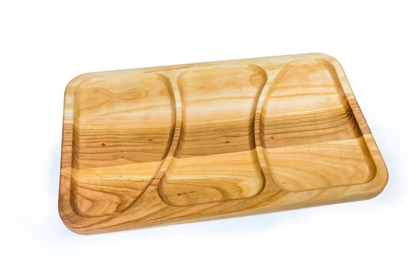 Empty wooden compartment dish with three departments on a white background — Stock Photo, Image