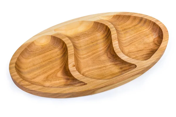 Wooden compartmental dish with three departments on a white background — Stock Photo, Image