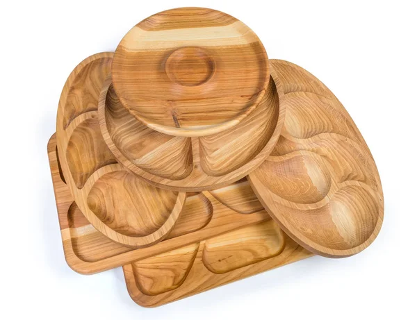 Top view of different wooden compartment dishes and serving board — Stock Photo, Image