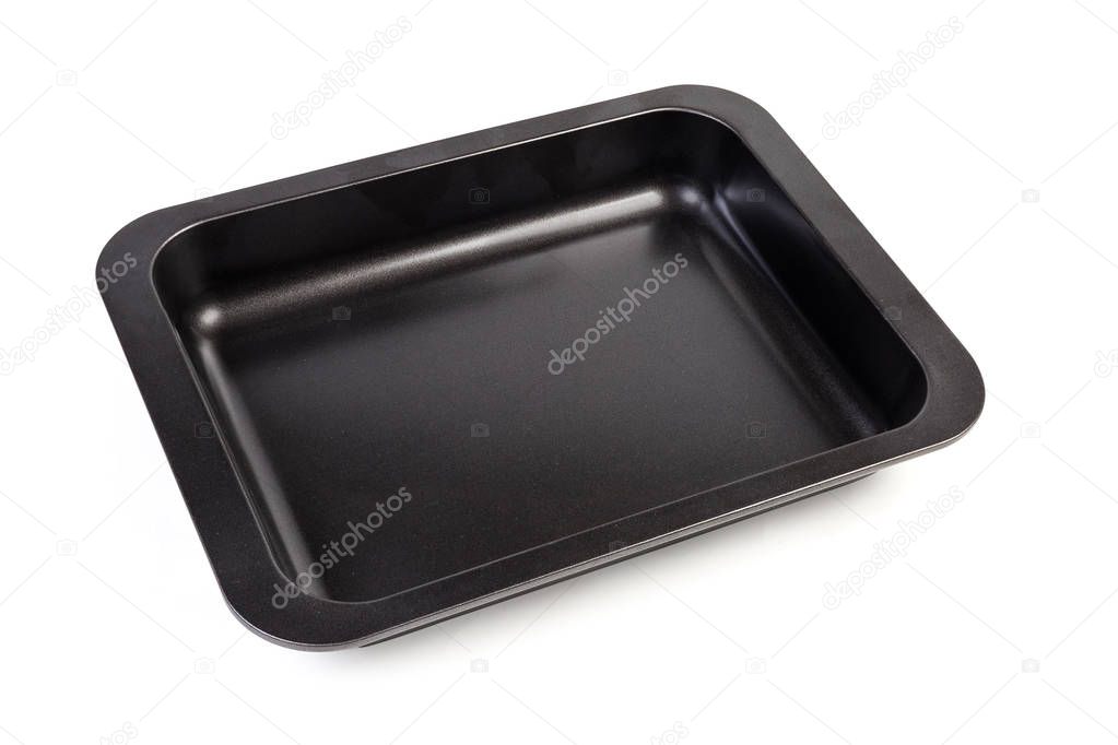 Empty rectangular nonstick oven tray on a white background