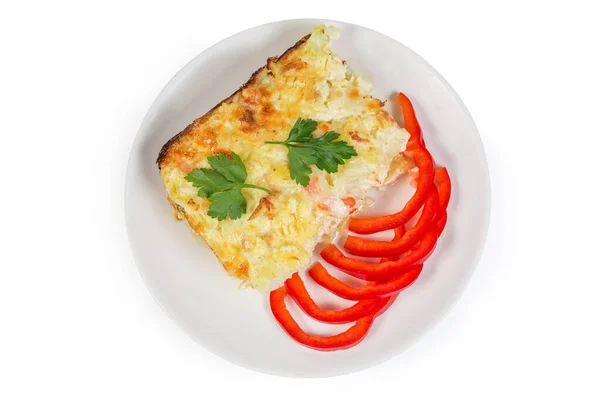 Cauliflower and seafood gratin portion on white dish, top view — Stock Photo, Image