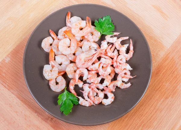 Cooked Peeled Tails King Prawns Usual Shrimps Brown Dish Wooden — Stock Photo, Image