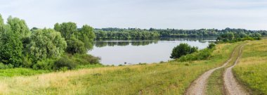 Toprak arazi yolu olan tepe yamaçta, ön planda, ağaçlarla kaplanmış, panoramik manzaralı, ağaçlarla kaplı bir göl üzerinde, yabani otların arasında. 