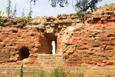 Ortaçağ kalesinin embriyosuyla kaplı kısmen hasarlı bir savunma tuğlası parçası, bitki örtüsü, arka plan