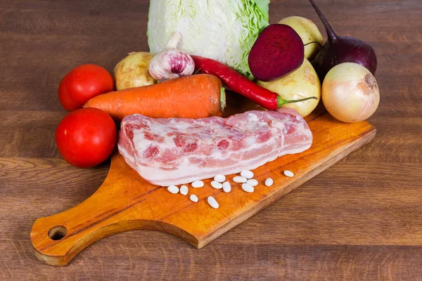 Usual Ingredients Cooking Typical Red Beet Borscht Pork Ribs Fresh — Stock Photo, Image