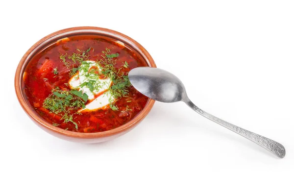 Typique Betterave Rouge Borscht Ukrainien Assaisonné Crème Sure Saupoudré Herbes — Photo