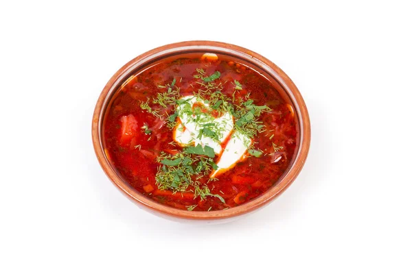 Tipico Borscht Barbabietola Rossa Condito Con Panna Acida Cosparso Erbe — Foto Stock