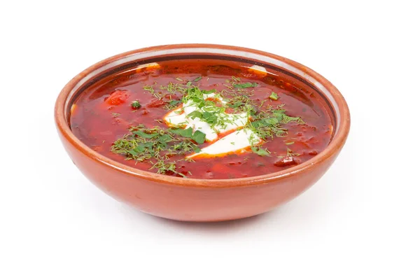 Typical Red Beetroot Borscht Seasoned Sour Cream Sprinkled Fresh Chopped — Stock Photo, Image