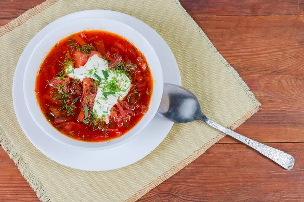 Typical Red Beetroot Ukrainian Borscht Seasoned Sour Cream Sprinkled Fresh — Stock Photo, Image