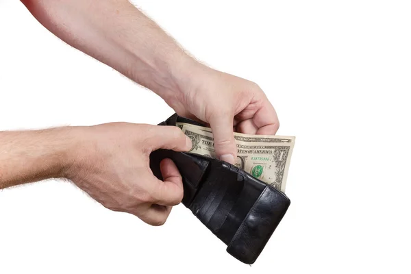Mužské Ruce Vytáhnout Bankovky Malé Hodnoty Staré Černé Kožené Peněženky — Stock fotografie