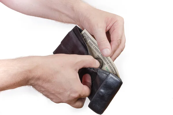 Mãos Homem Idoso Tiram Notas Dólar Pequena Denominação Velha Carteira — Fotografia de Stock