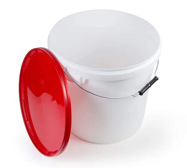 Cubo Plástico Blanco Con Fianza Metálica Asa Plástico Tapa Roja —  Fotos de Stock