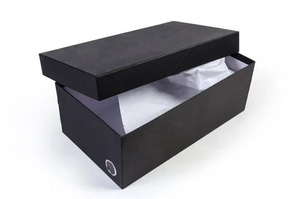Μαύρο Χάρτινο Κουτί Παπουτσιών Μέρει Ανοιχτό Καπάκι Και Χαρτί Περιτυλίγματος — Φωτογραφία Αρχείου