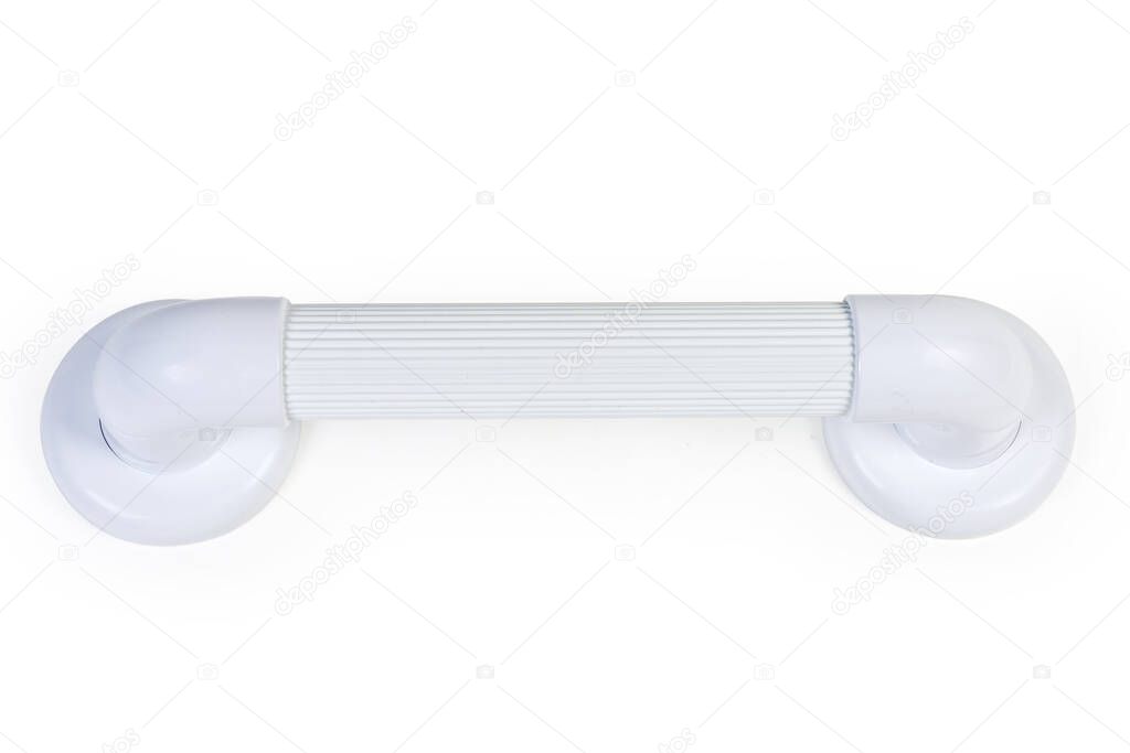 Horizontal white plastic grab bar with grooved handle on a white surface, front view