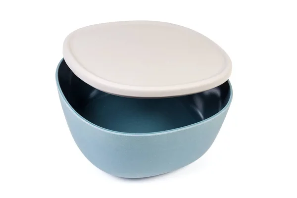 Empty Ceramic Blue Gray Salad Bowl Slightly Open Gray Lid — Stock Photo, Image