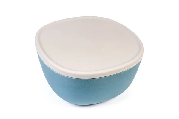 Plastic Blue Salad Bowl Closed Gray Lid White Background — Stock Photo, Image