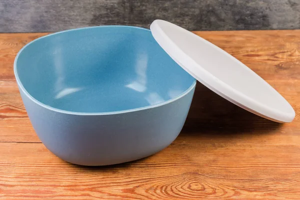 Empty Plastic Blue Gray Salad Bowl Removed Gray Lid Rustic — Stock Photo, Image