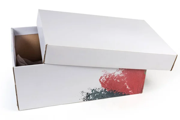 Caja Vacía Zapatos Cartón Blanco Con Tapa Ligeramente Abierta Papel —  Fotos de Stock