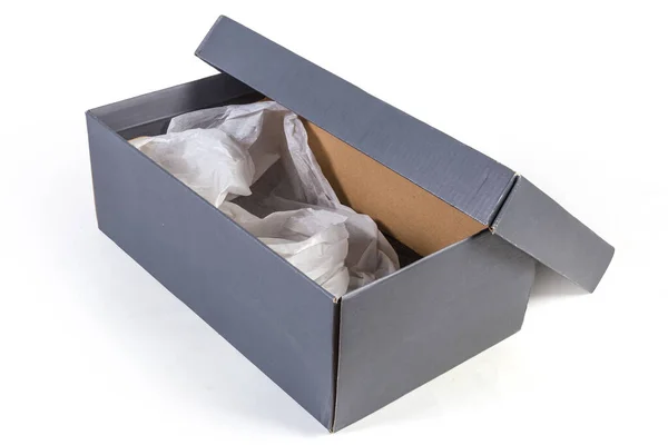 Κενό Σκούρο Γκρι Χάρτινο Κουτί Αποσπώμενο Καπάκι Και Χαρτί Περιτυλίγματος — Φωτογραφία Αρχείου