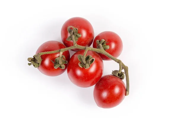 Aglomerado Tomates Cereja Vermelhos Maduros Recém Colhidos Galho Murcho Fundo — Fotografia de Stock
