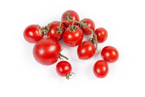 Gromada Świeżo Zebranych Dojrzałych Czerwonych Pomidorów Wiśniowych Zwiędłej Gałęzi Tych — Zdjęcie stockowe