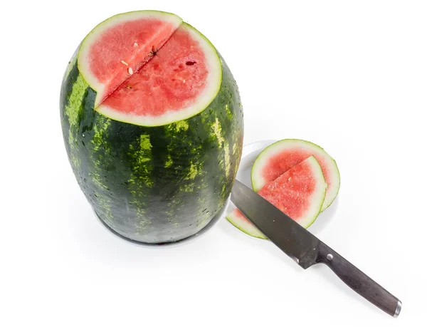 Partly Sliced Big Long Watermelon Striped Dark Green Peel Kitchen — Stock Photo, Image