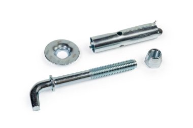 Çinko kaplama ile dik açı kancası ile demir cıvata sıkıştırma tipi beyaz arkaplan üzerinde bileşen parçalarına ayrılmış