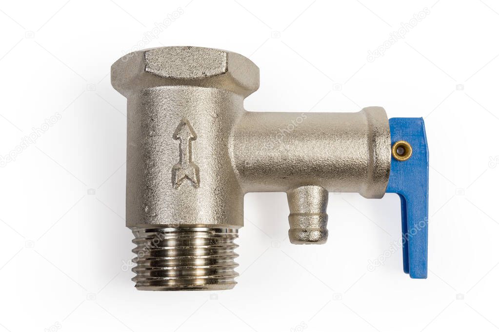 Temperature and pressure safety valve for household water heaters on a white background, side view close-up