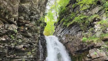 Bukhtivets şelalesi Ukrayna Karpatlarının sarp kayalıklarından düşüyor