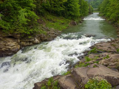 Ukrayna Karpatları 'nın bahar bulutlu gününde Prut Nehri üzerindeki Yaremche Şelalesi olarak da bilinen çağlayan Probiy Şelalesi' nin başlangıcı.