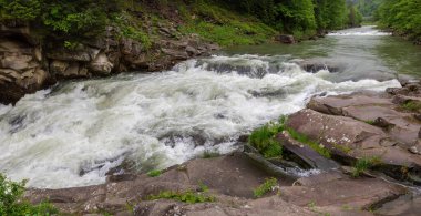 Şelalenin üst kısmı, Ukrayna Karpatları 'nın bahar bulutlu gününde Prut Nehri üzerindeki Yaremche Şelalesi olarak da bilinir.