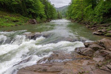 Probiy Şelalesi 'nin başlangıcı, Ukrayna Karpatları' nın bahar bulutlu gününde Prut Nehri üzerindeki Yaremche Şelalesi olarak da bilinir.
