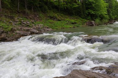 Probiy Şelalesi 'nin başlangıcı, Ukrayna Karpatları' nın bahar bulutlu gününde Prut Nehri üzerindeki Yaremche Şelalesi olarak da bilinir.