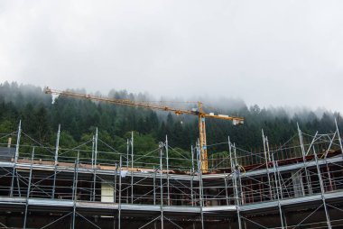 Metal scaffolding and yellow cranes with low clouds above the Abies of a forest clipart