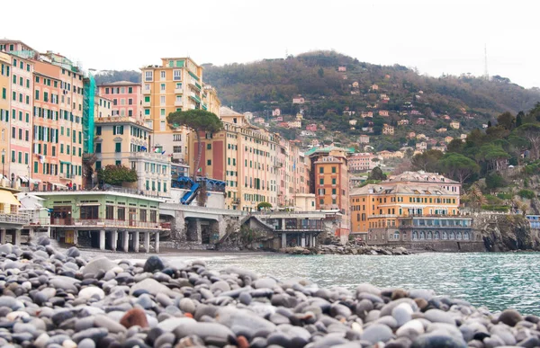 Šedé Kameny Pláži Camogli Typické Barevné Domy — Stock fotografie