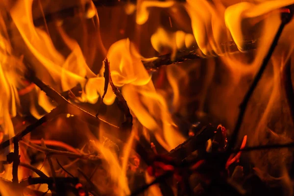 Uma bela textura horizontal de um incêndio em chamas em um fundo preto com faíscas — Fotografia de Stock