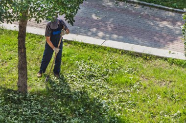 Yekaterinburg, Sverdlovsk Rusya - 07 25 2018: Çizgili mavi ve beyaz tişört ve mavi bir iş orta yaşlı erkeklerde pantolon ve kap mavi ve beyaz eldiven yan yatan yeşil yaprakları parkta bir komisyon ile yaz aylarında