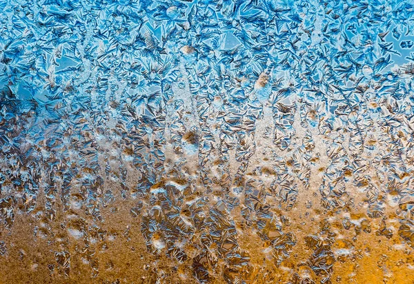 Beautiful Horizontal Texture Blue White Yellow Color Frozen Window Glass — Stock Photo, Image