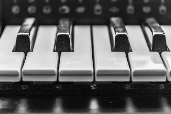 Parte do teclado preto e branco de um instrumento musical electrónico — Fotografia de Stock
