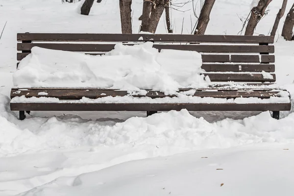 Eine hölzerne bemalte braune Farbe schöne Bank mit schwarzen schmiedeeisernen Beinen steht mit weißem Schnee in einem Park im Winter — Stockfoto