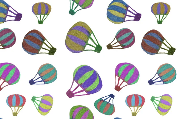 Padrão sem costura de balões de ar quente multicoloridos de tamanho diferente isolados em fundo transparente branco em alta resolução — Fotografia de Stock