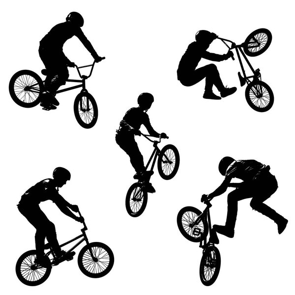 Seamless pattern of black silhouettes of sportsmen with a bike in four different poses isolated on white transparent background in high resolution