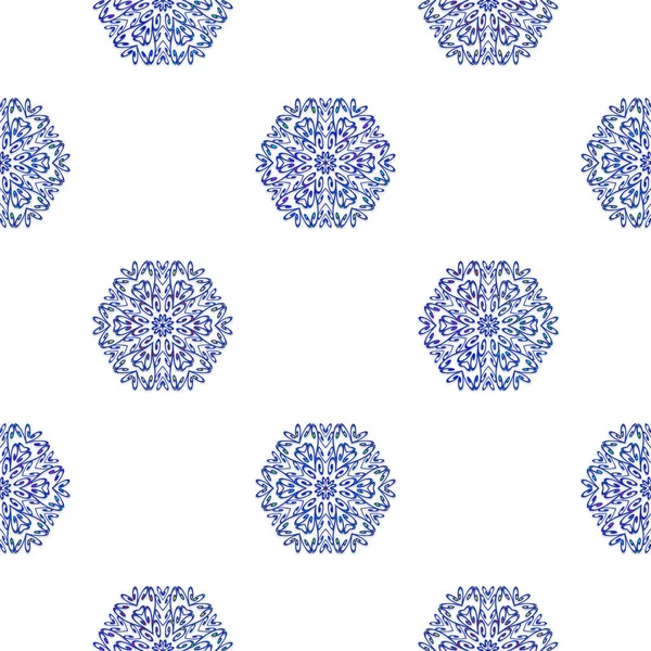 Zökkenőmentes minta textúrája kék hópelyhek elszigetelt fehér alapon — Stock Fotó