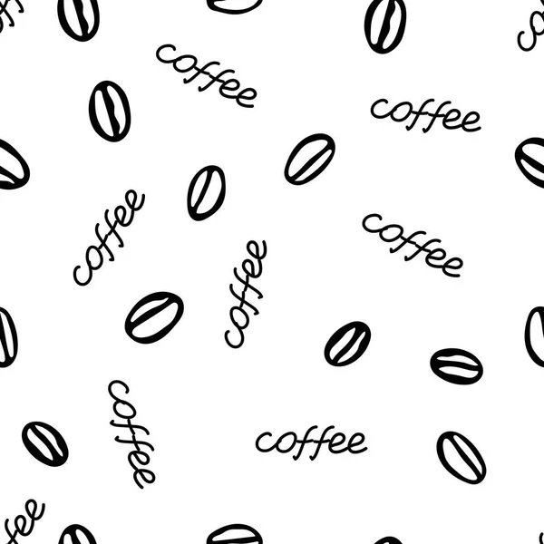 Schwarze Hand Zeichnung Vektor nahtlose Muster einer Gruppe von Kaffeebohnen mit Schriftzug Kaffee isoliert auf weißem Hintergrund — Stockvektor