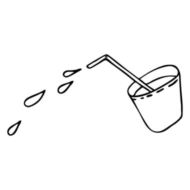 Siyah el çizimi bir bardak taze soğuk meyve suyunun beyaz arka planda izole edilmiş pipet ve sıvı damlaları.